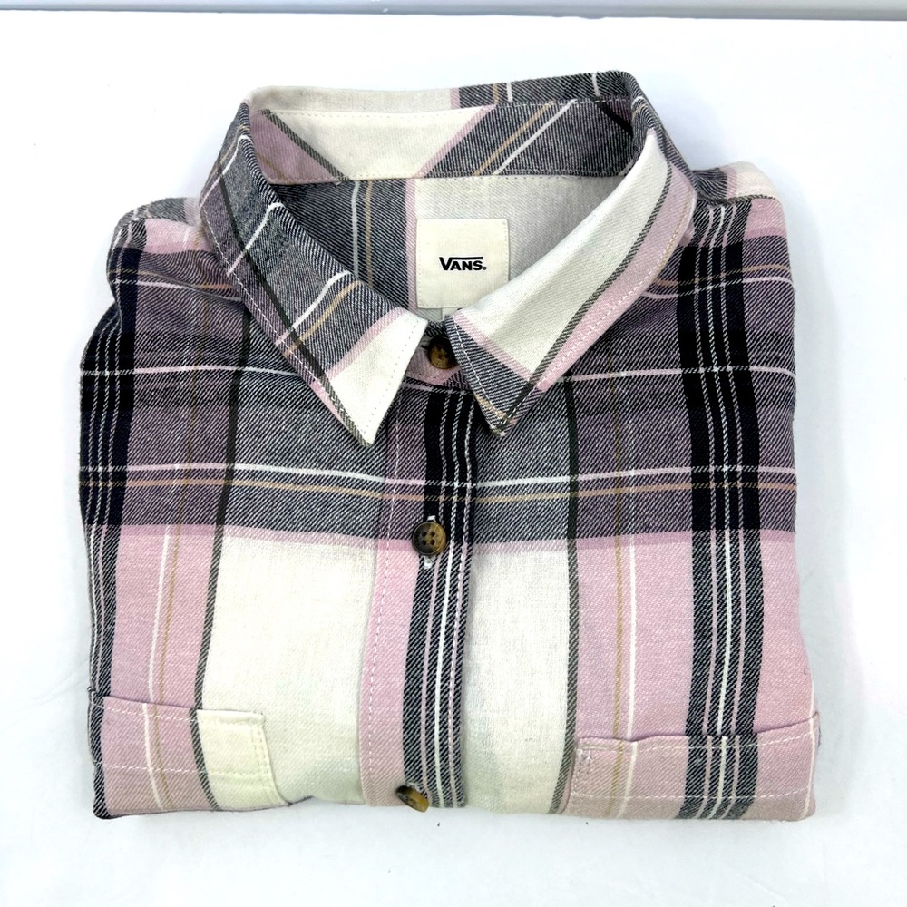 VANS, SMALL (S), FLANNEL LADIES LONG SLEVES SHIRT, BEIGE BASE GREY GREEN LINES - Picture 13 of 13